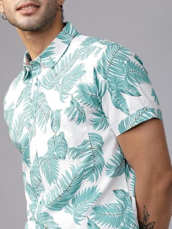 Men's Printed Half Sleeves Regular Collar Casual Shirt White & Light Green it3qpj-2a