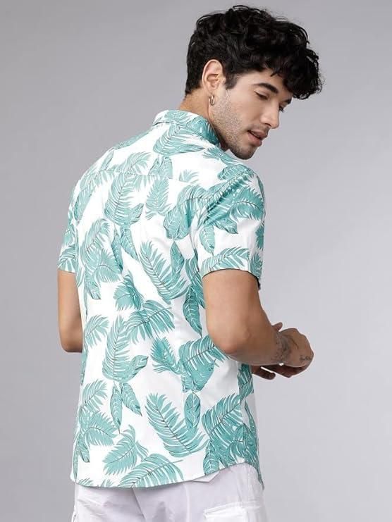 Men's Printed Half Sleeves Regular Collar Casual Shirt White & Light Green it3qpj-2a