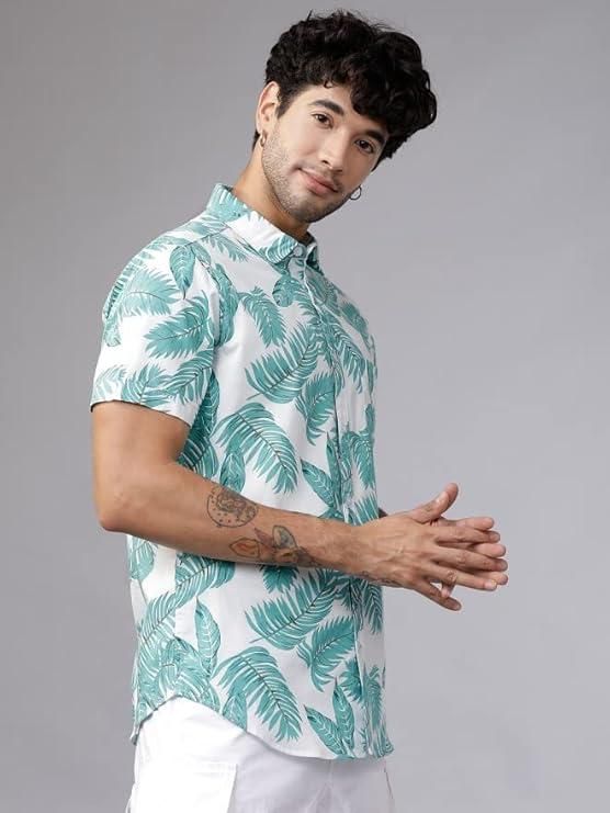 Men's Printed Half Sleeves Regular Collar Casual Shirt White & Light Green it3qpj-2a