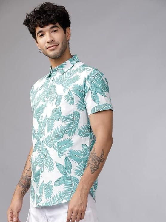 Men's Printed Half Sleeves Regular Collar Casual Shirt White & Light Green it3qpj-2a