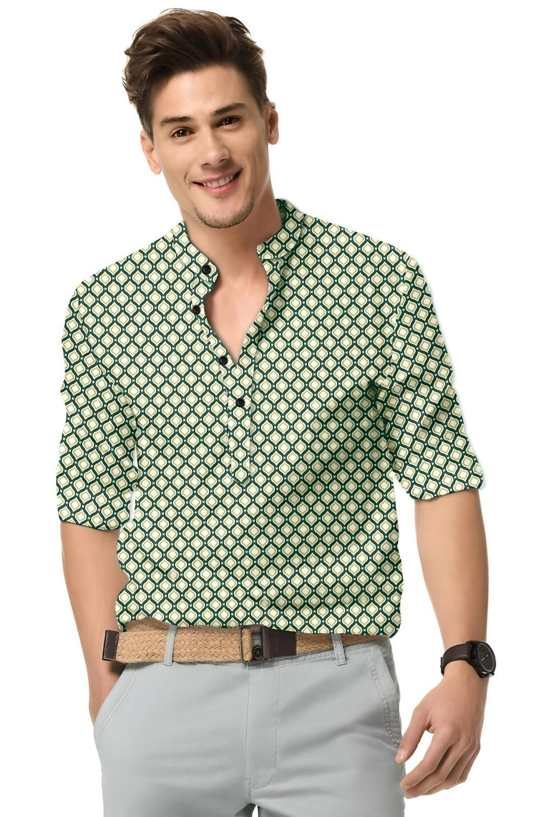 Men's Printed Spread Collar Casual Shirt Green & Cream leon