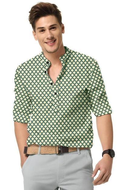 Men's Printed Spread Collar Casual Shirt Green & Cream leon