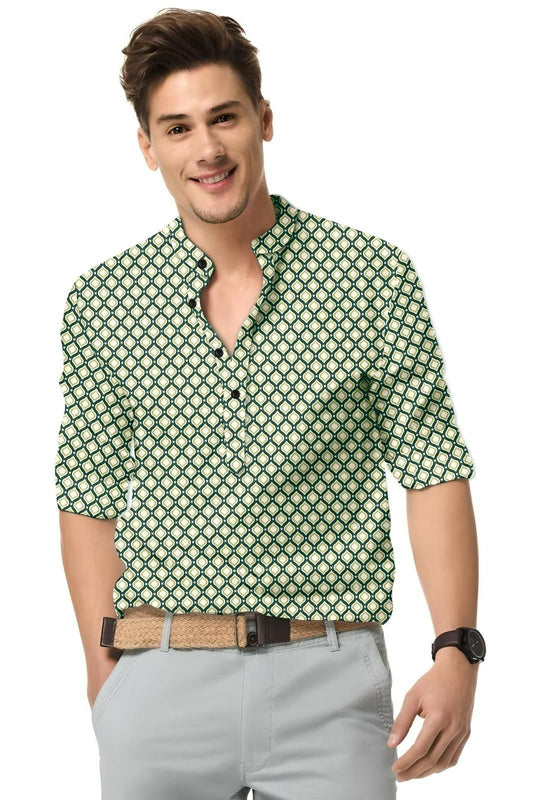 Men's Printed Spread Collar Casual Shirt Green & Cream leon