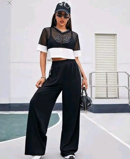 Women's Hight Waist Wide-Leg Jogger Pant Black & White Stripe leon