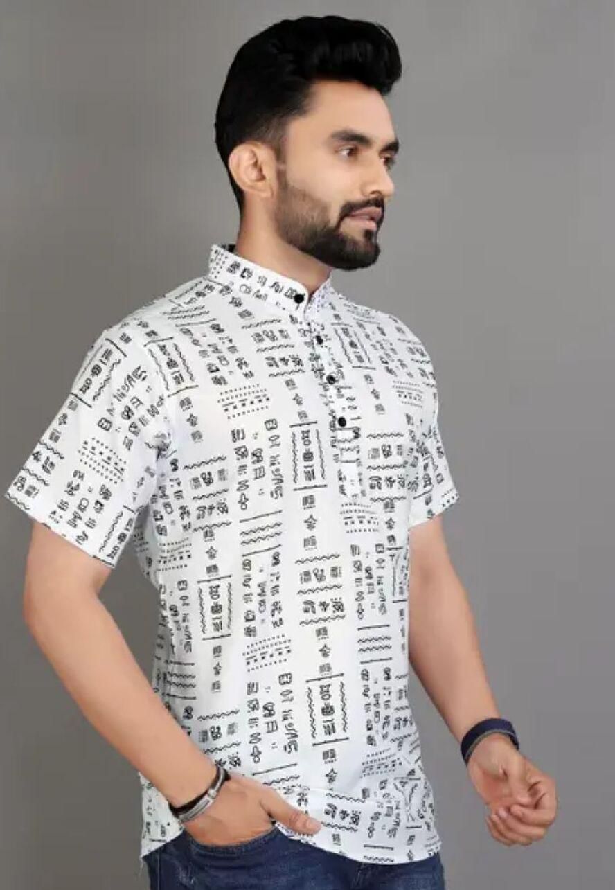 Men's Printed Half Sleeves Spread Collar Casual Shirt White & Black leon
