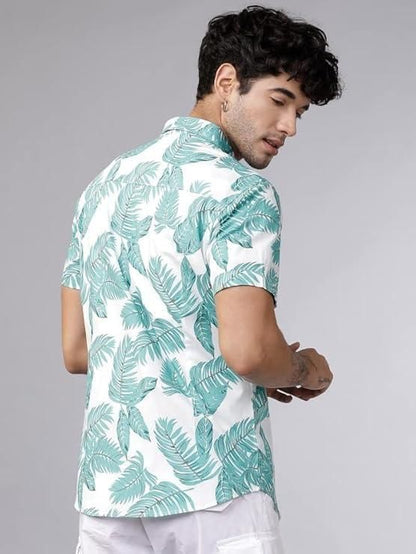 Men's Printed Half Sleeves Regular Collar Casual Shirt White & Light Green it3qpj-2a