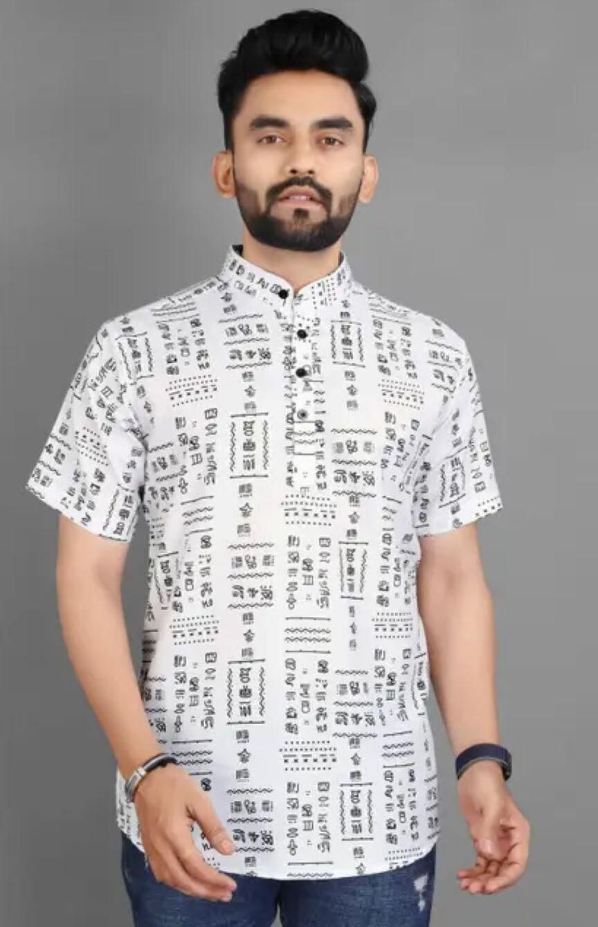 Men's Printed Half Sleeves Spread Collar Casual Shirt White & Black leon