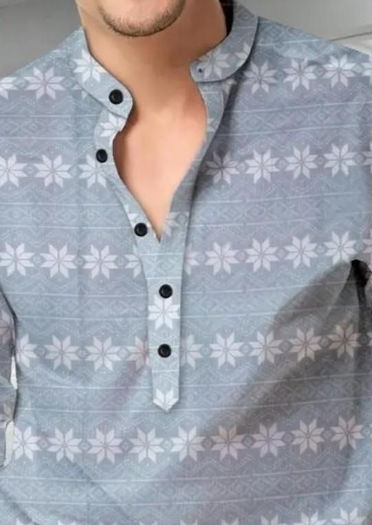 Men's Printed Spread Collar Casual Shirt Grey leon