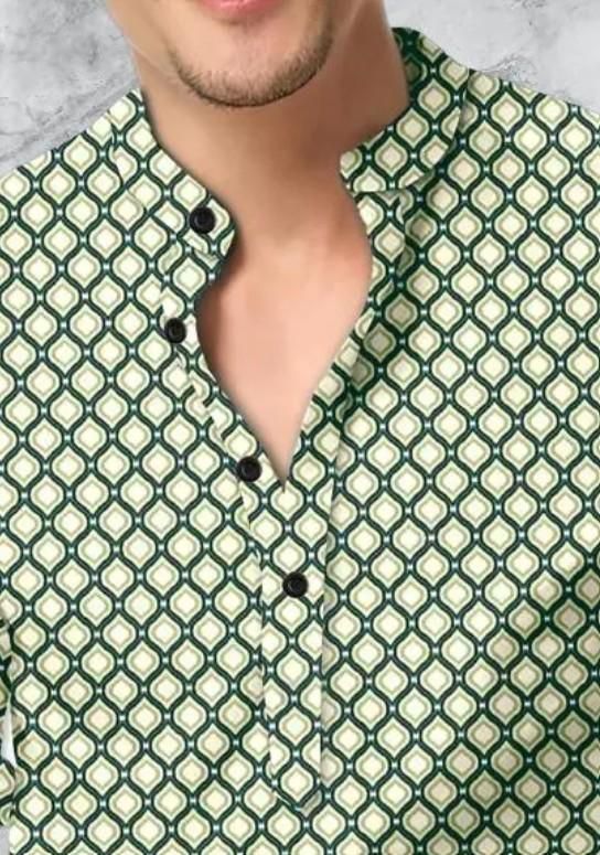 Men's Printed Spread Collar Casual Shirt Green & Cream leon