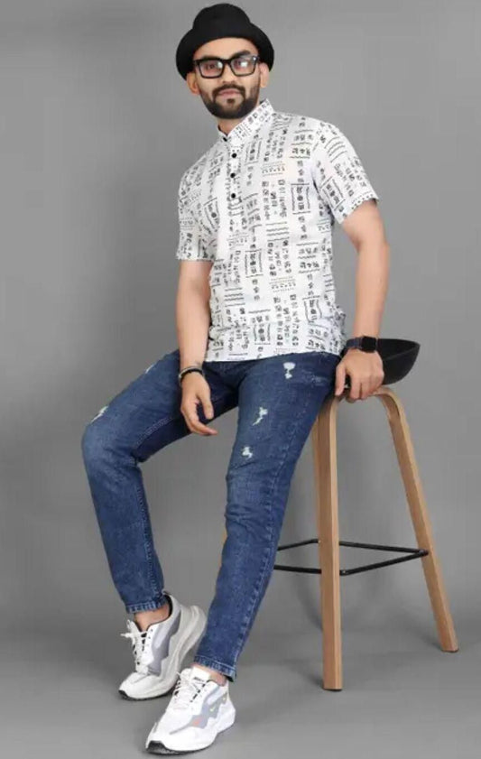 Men's Printed Half Sleeves Spread Collar Casual Shirt White & Black leon