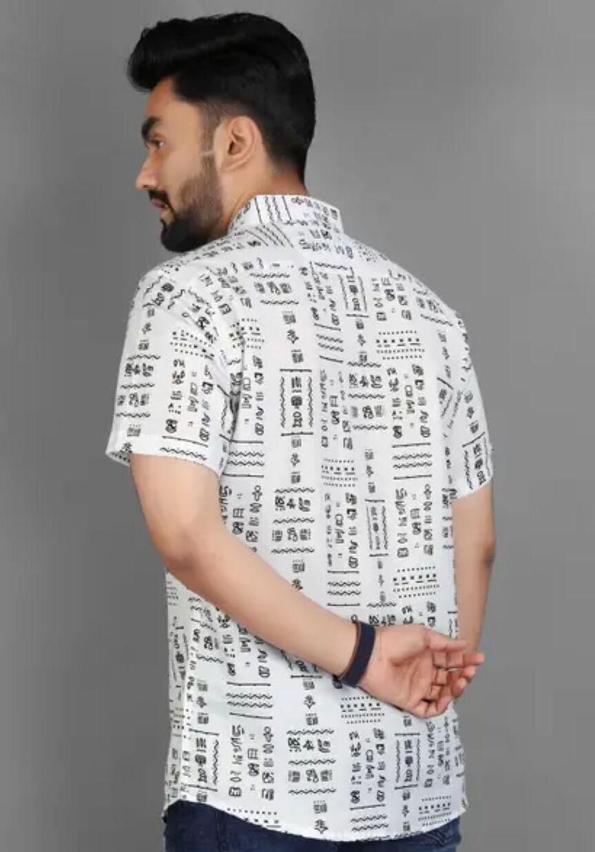 Men's Printed Half Sleeves Spread Collar Casual Shirt White & Black leon