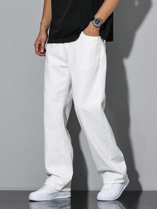 Men's Loose Fit Mid Rise  White Jeans it3qpj-2a