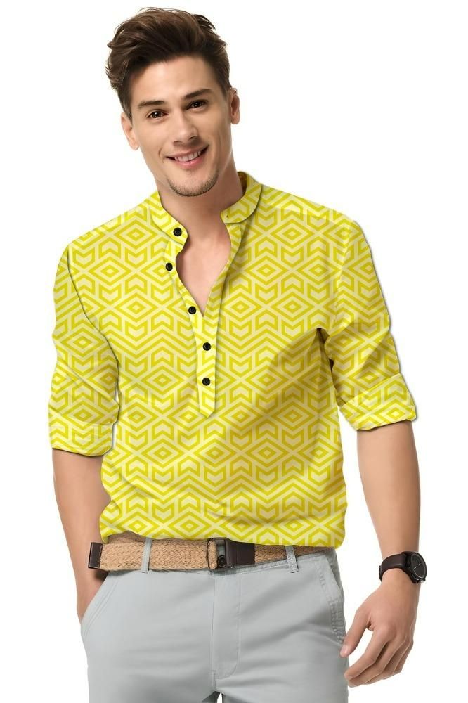 Men's Printed Spread Collar Casual Shirt Yellow leon