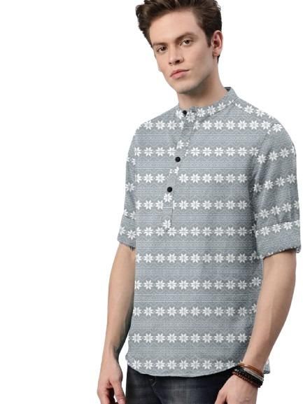 Men's Printed Spread Collar Casual Shirt Grey & White it3qpj-2a