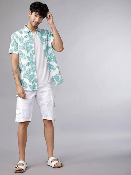 Men's Printed Half Sleeves Regular Collar Casual Shirt White & Light Green it3qpj-2a